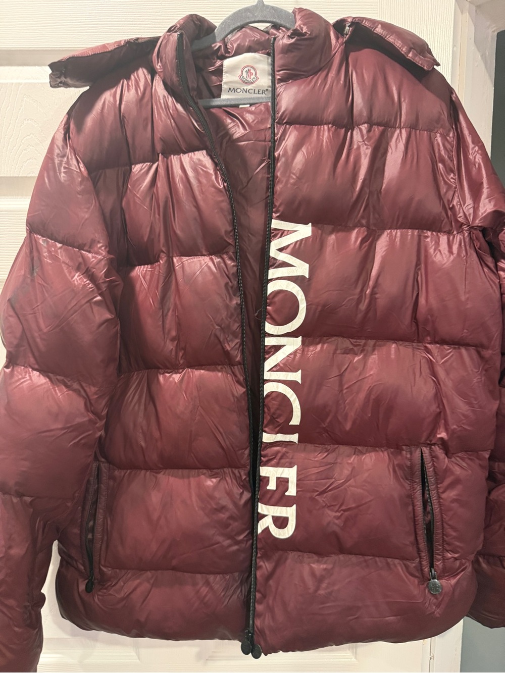 Moncler Burgundy Quilted Down Jacket with Logo Collar